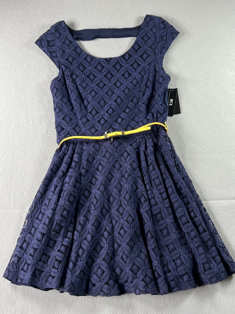 BCX Juniors Navy Blue Diamond Eyelet Lace Dress w/ Yellow Belt, Mini Dress, NEW